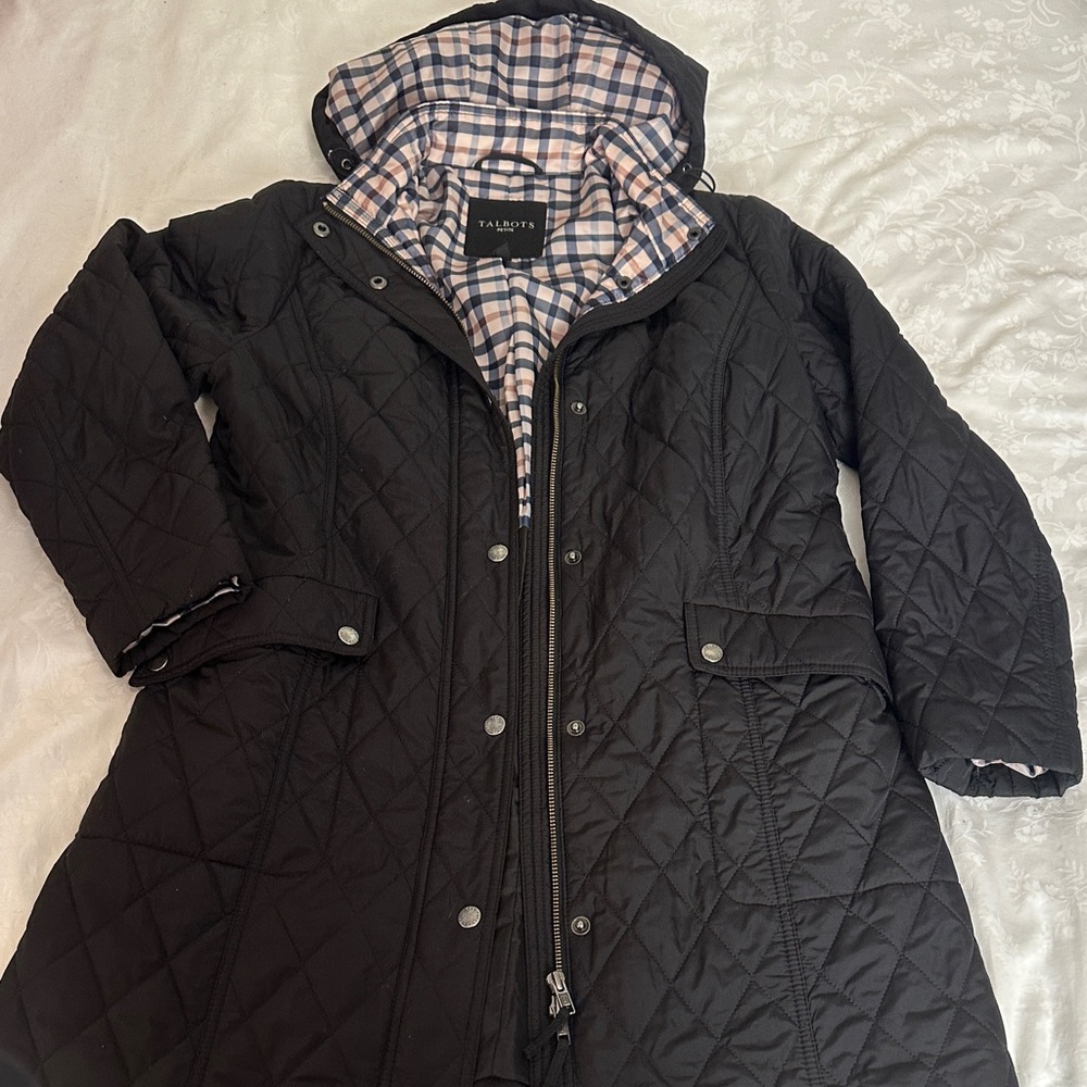 Talbots Black Quilted Puffer Coat with Plaid Lining SP